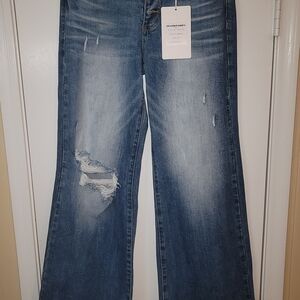Risen Classic Blue Distressed Wide Leg Jeans